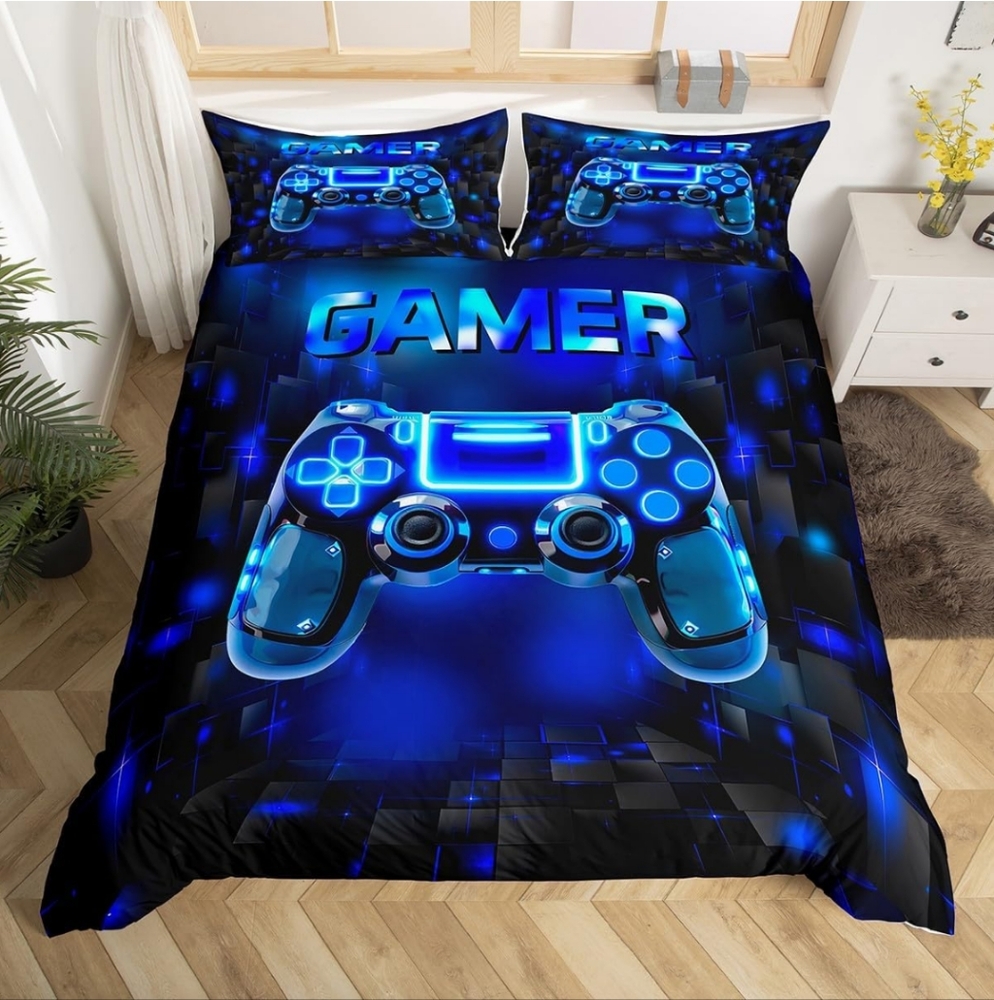 Gamer Blue and Black 3 Piece Bedding Set - Picture 1 of 6